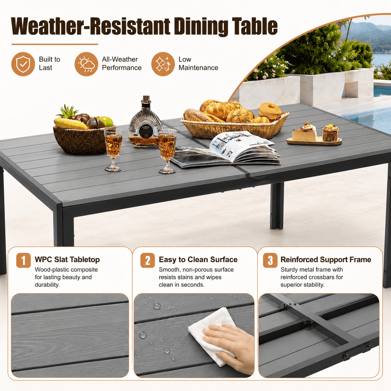 7 Piece Outdoor Dining Set, Patio Dining Table Set for 6 Persons, Garden Patio Textilene Dining Furniture Set with Plastic-Wood Tabletop, Dining Table Chairs Conversation Set for Deck Patio