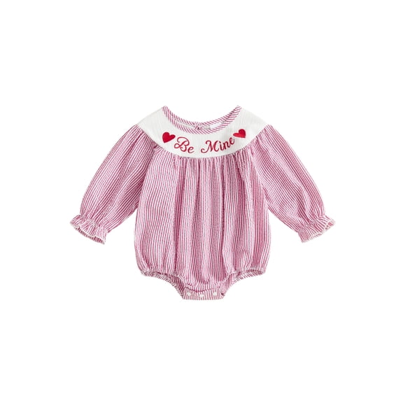 BemeyourBBs Newborn Baby Girls Valentines Day Outfit Bubble Romper Long Sleeve Crew Neck Stripes Embroidery Letters Bodysuit Infant Spring Clothes
