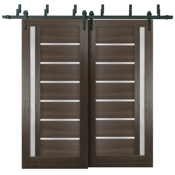 Sliding Closet Barn Bypass Doors with Frosted Glass | Quadro 4088 Chocolate Ash | Sturdy 6.6ft Rails Hardware Set | Wood Solid Bedroom Wardrobe Doors -36" x 96" (2* 18x96)