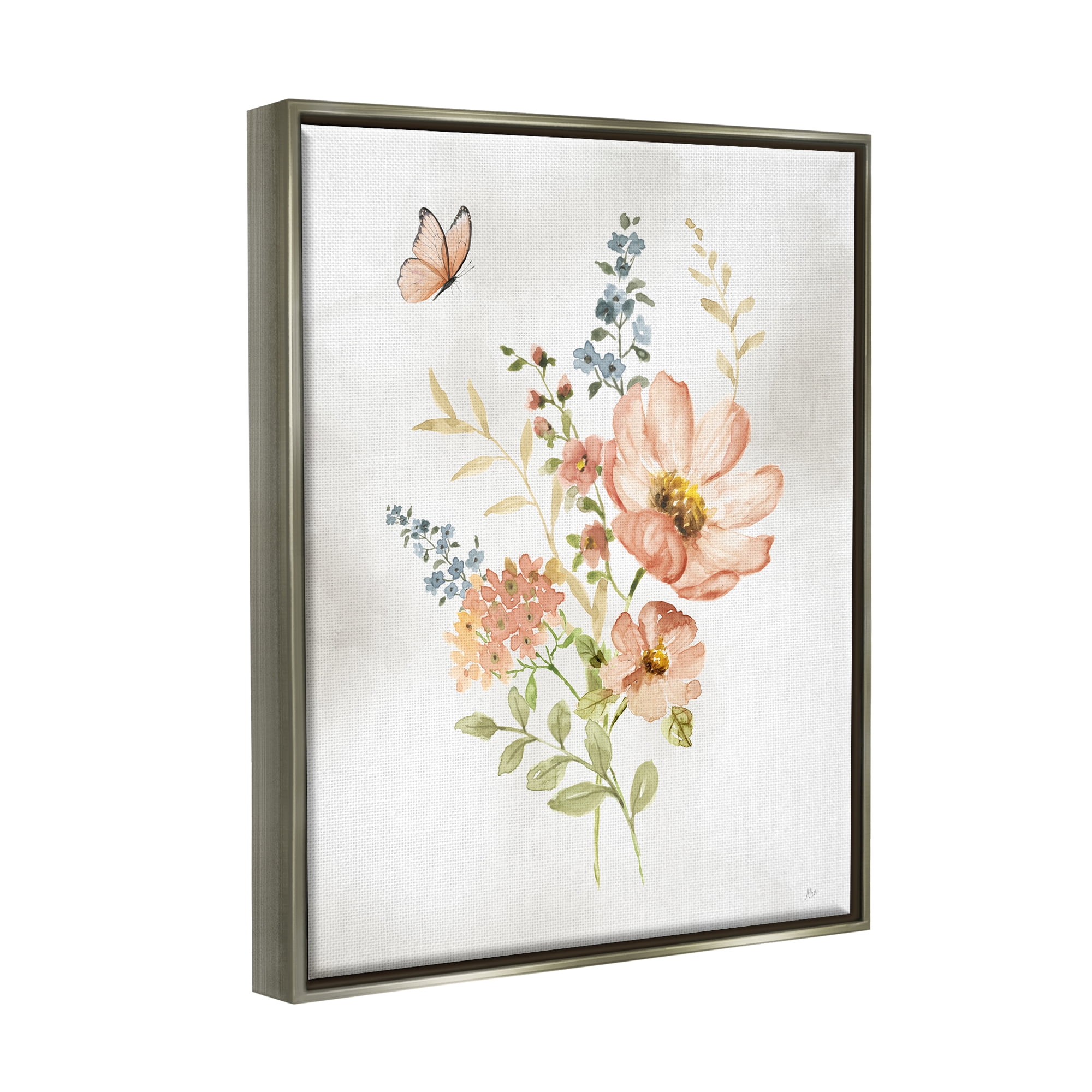 Stupell Industries Soft Pink Flower Sprigs Botanical & Floral Painting Gray Floater Framed Canvas Art Print Wall Art, 25 x 31