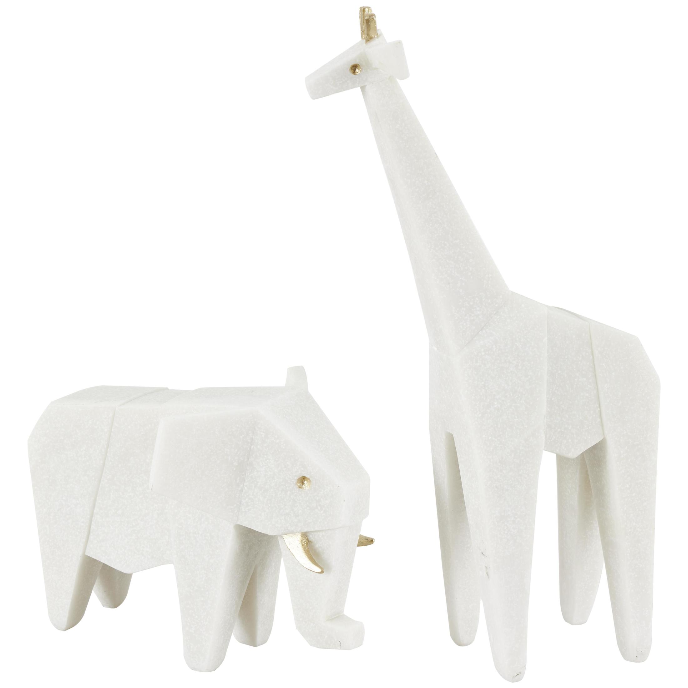 7", 16"H White Polystone Cubist Inspired Elephant, Giraffe Sculpture with Gold Accents, by DecMode (2 Count)