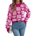 thumbnail image 2 of Womens Mock Neck Sweater Long Sleeve Block Cute Heart Knit Fall Winter Tops Ribbed Knit Pullover Sweaters Pink M, 2 of 9