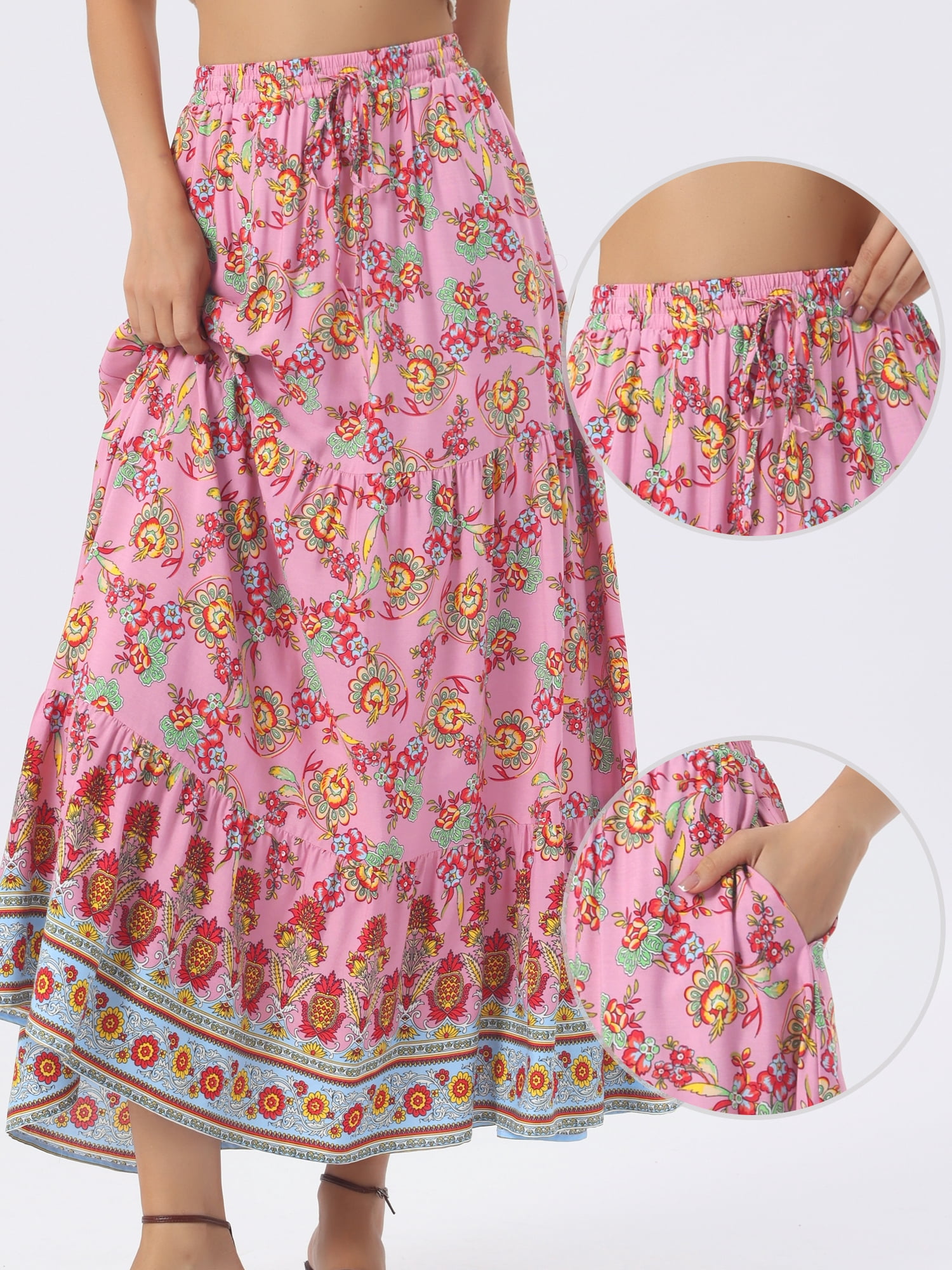 DARING DIVA Women's Boho Flare Floral Skirt X-Large Dark Pink