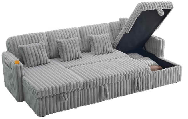 MAYEERTY 107-Inch Light Gray Corduroy 5-Seat U-Shaped Sectional Sofa Bed, Modular Sleeper Couch with Pull-Out Bed & Double Storage Chaise