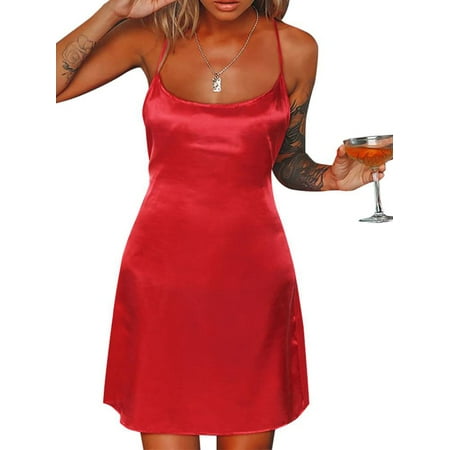 

QELUSQELUS Women Sleepdress Open Back Spaghetti Straps Vintage Solid Loungewear Nightshirt