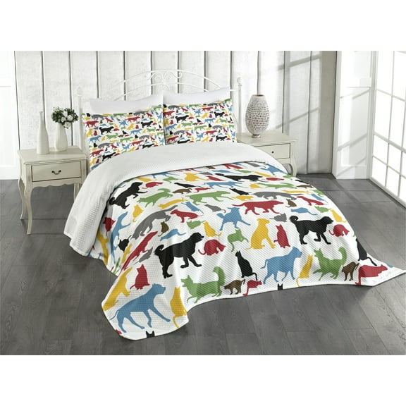 Ambesonne Cats Quilted Bedspread Set 3 Pcs, Colorful Cats and Dogs, Queen Size, Multicolor
