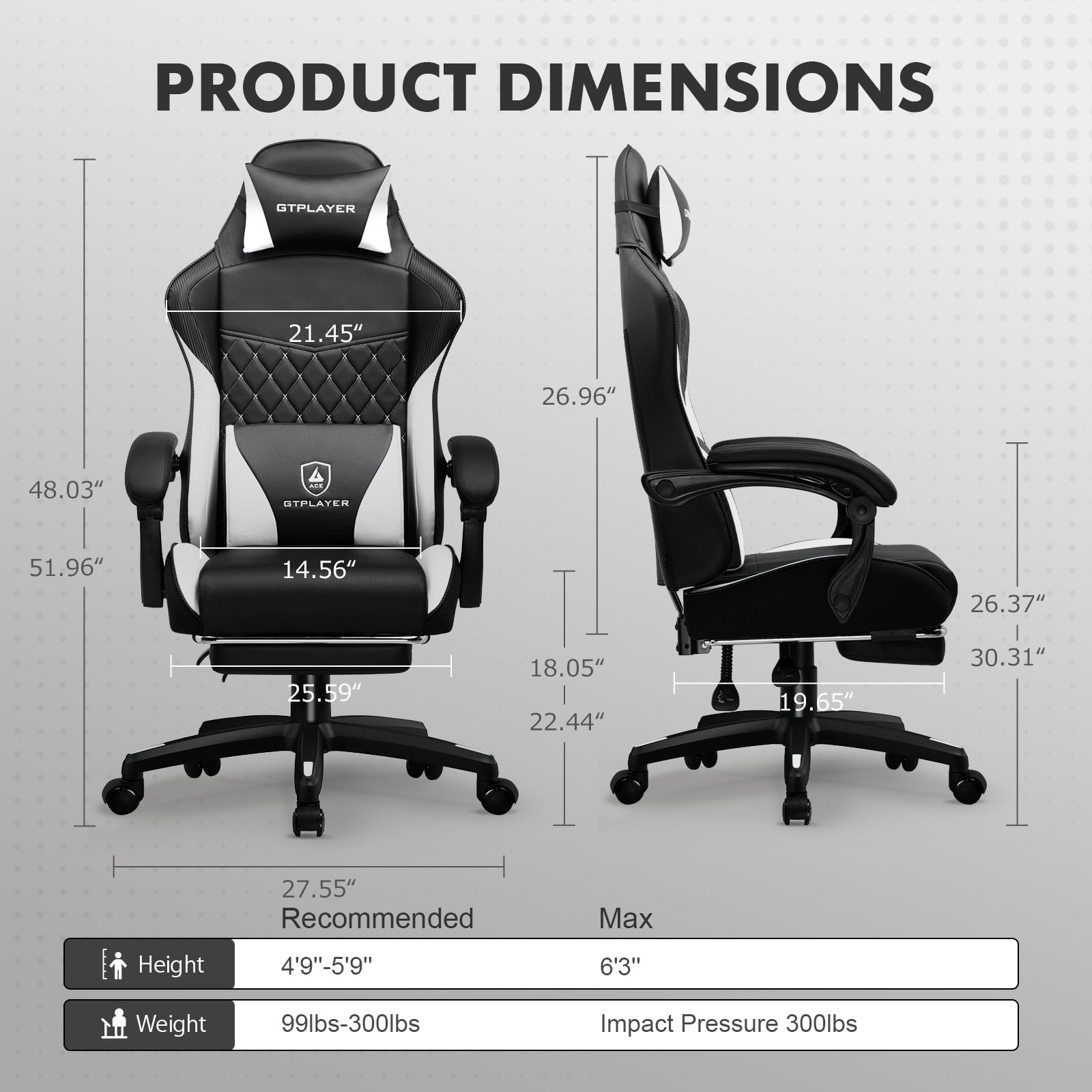 GTPLAYER High Back Faux Leather Adjustable Height Gaming Computer, White