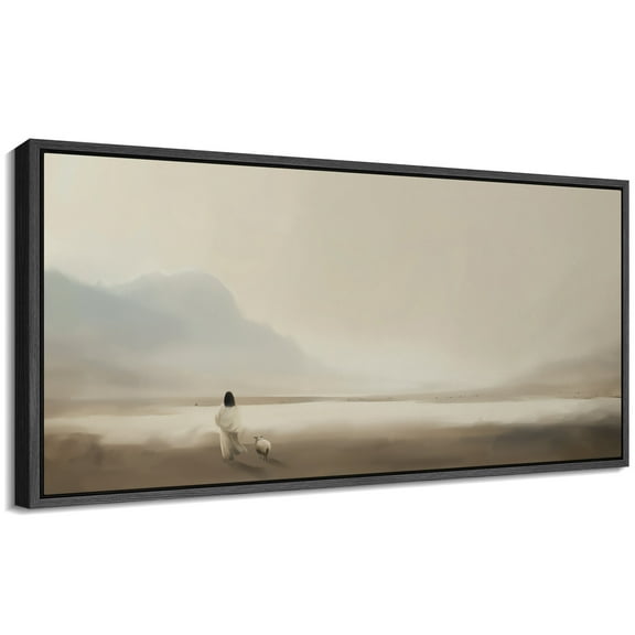 Large Framed Canvas Print A lonely figure walking through the quiet landscape Wall Art Decorative Ready to Hang Painting for Living room Bedroom - 60"x30" Black Frame