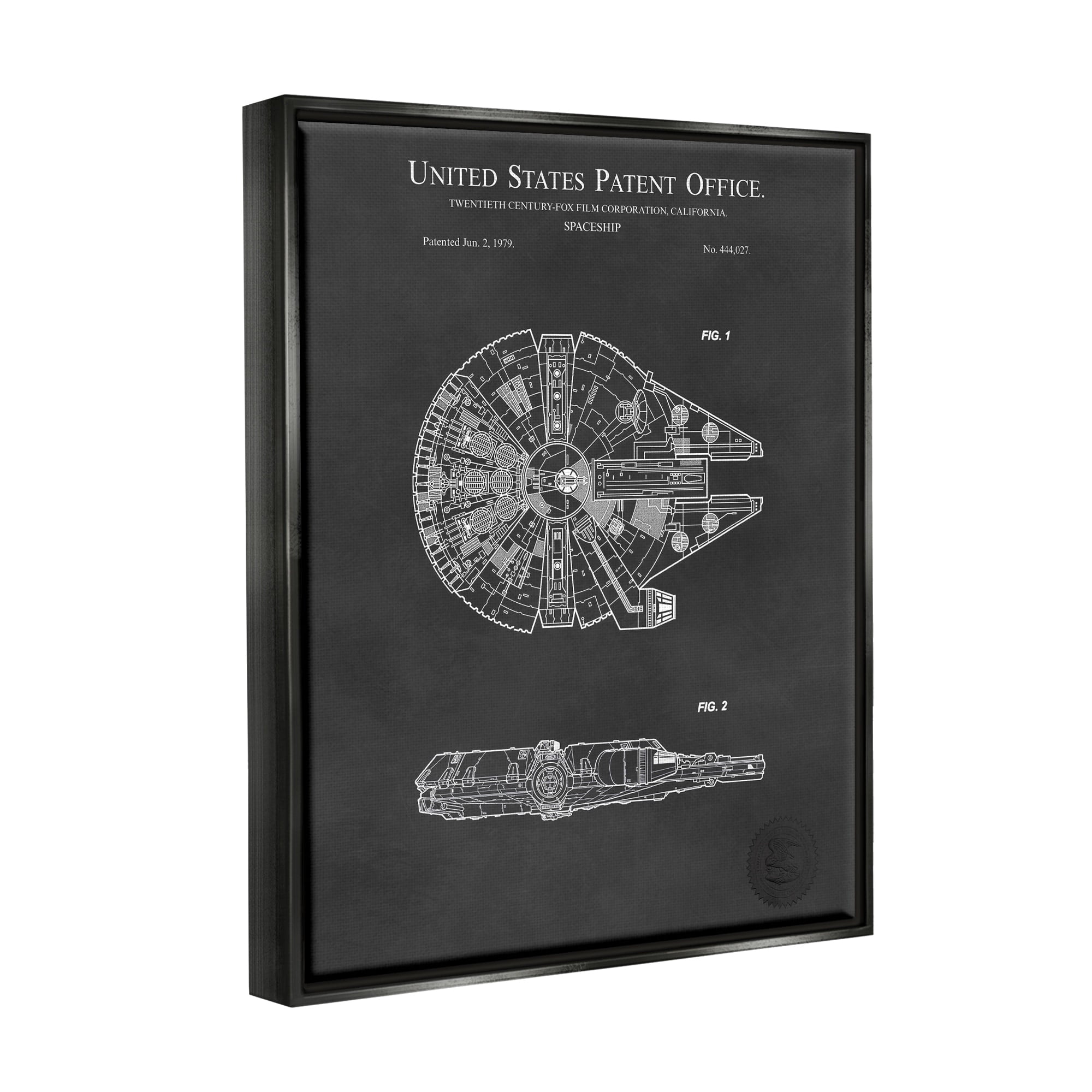 Stupell Industries Detailed Sci-fi Spacecraft Representation Blueprint Diagram Jet Black Framed Floating Canvas Wall Art, 24x30, by Karl Hronek