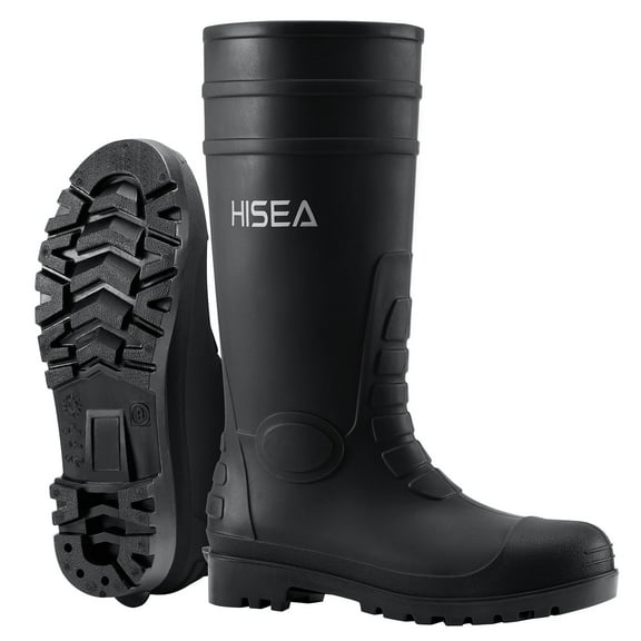 HISEA Men's Rain Boots with Steel Shank, Waterproof Rubber Protective Footwear, Seamless PVC Rainboots Non-Steel Toe Outdoor Work Boots, Durable Garden Fishing Tall Kneed Boot, Size 10 Black