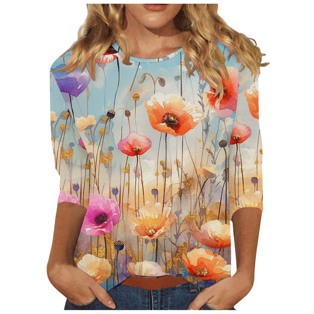 Wanfds Hauts Multicolores Manches 3/4 pour Femmes Été Décontracté Col Rond Manches Trois-Quarts L