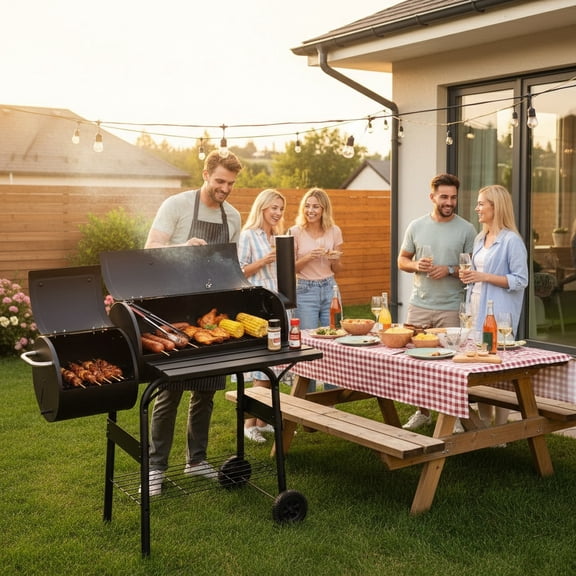 Lumiparty Charcoal BBQ Barrel Grill with Offset Smoker and Side Firebox, Outdoor Barbecue Grill & Smoker Combo with Wheels, Patio Cooker for Backyard, Garden, Party, Camping, Black