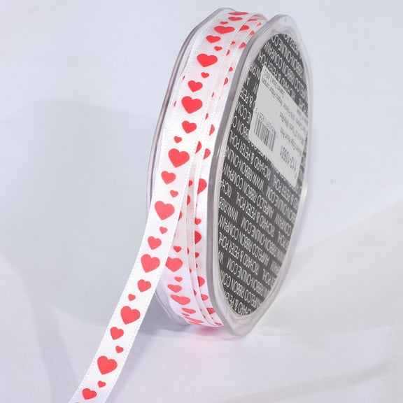 The Ribbon People White and Red Heart Print Woven Edge Craft Ribbon 0.25" x 108 Yards