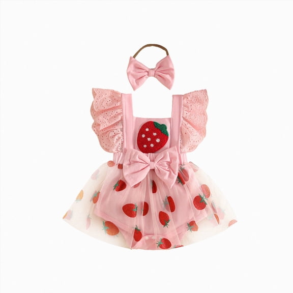 mgoYE Baby Girl Clothes Summer Outfit Newborn Strawberry Bow Ruffle Sleeveless Tulle Romper Dress Cute Infant Onesie(Pink,0-3 Months)