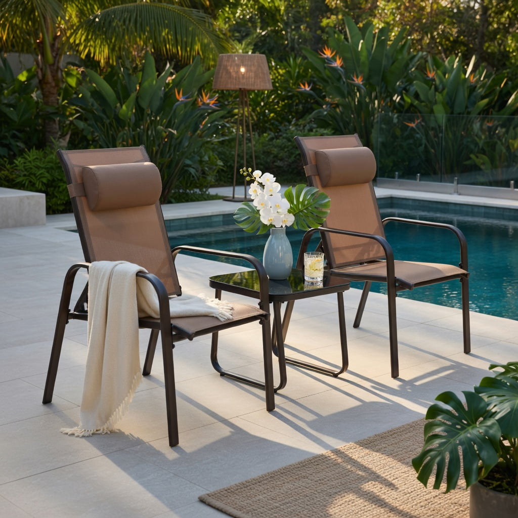 Hommoo 3-Piece Outdoor Bistro Set, Stackable Steel Chairs with Adjustable Backrest & Headrest, Tempered Glass Table, Brown