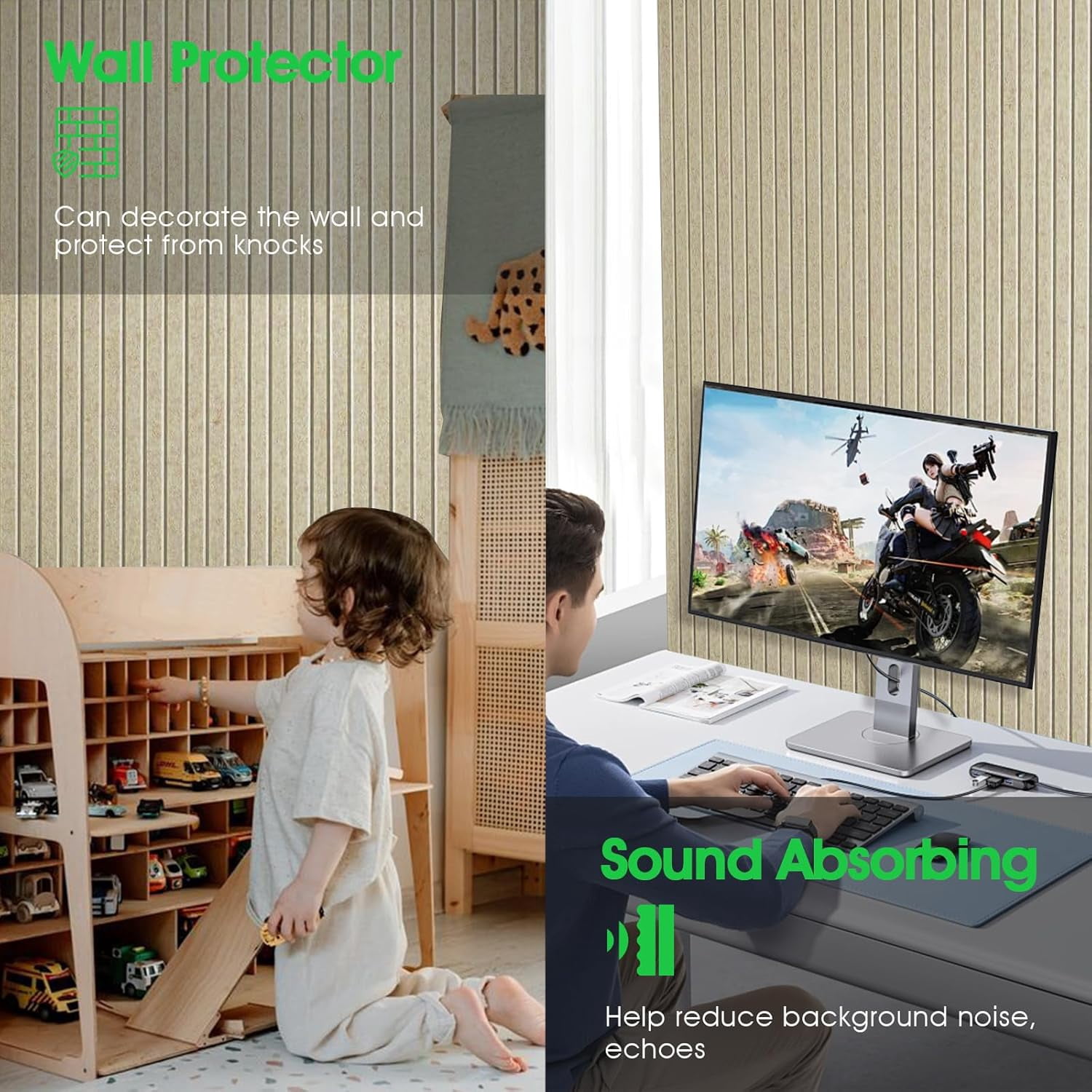 Large Cork Board for Office 8 Pack Felt Wall Tiles with Slat Paneling and Safe Removable Adhesive Tabs Bulletin Pin Boards Walls - Tan