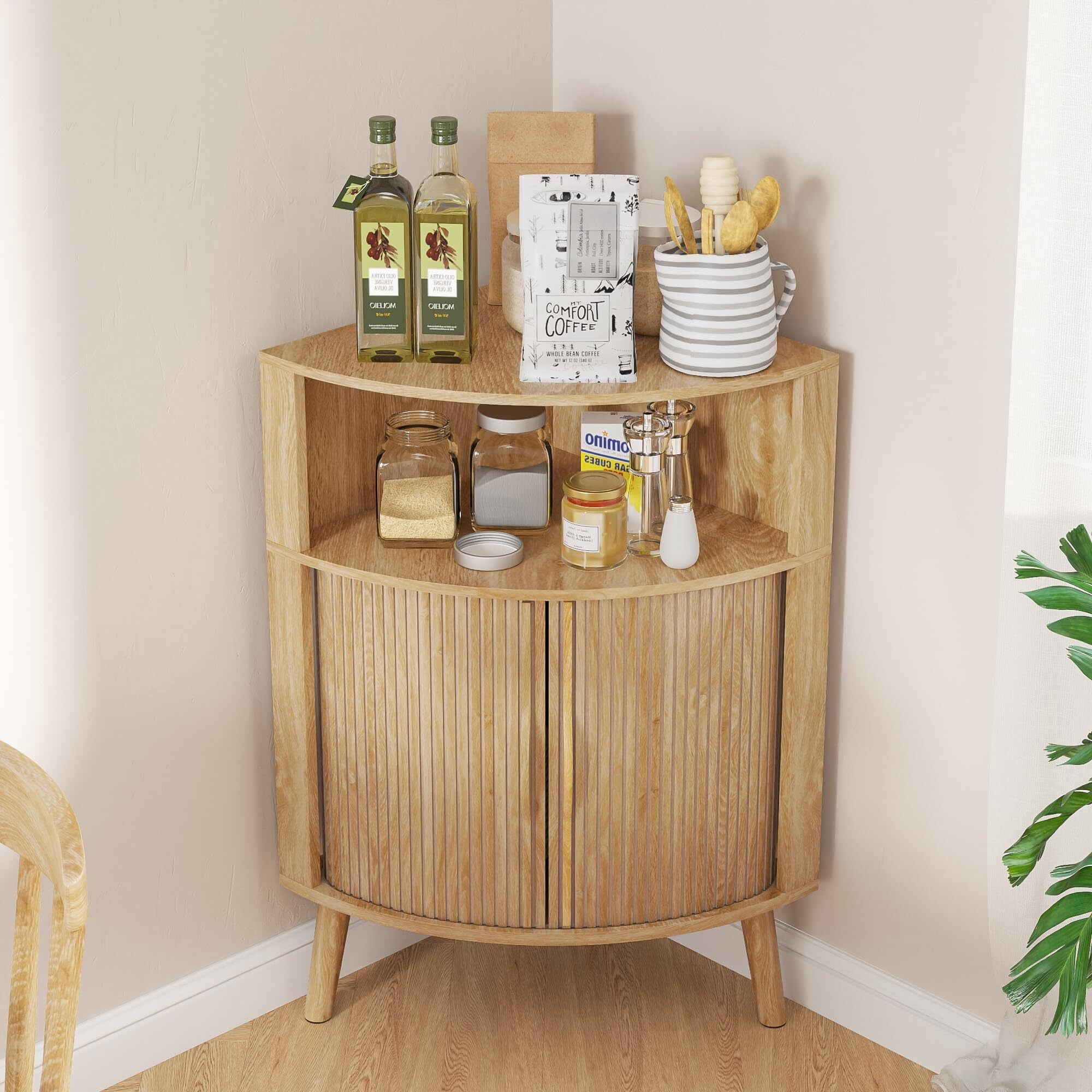 Bathroom Storage Cabinet, 31.5" Narrow Floor Corner Storage Cabinet with Fluted Doors & Shelves, Wood