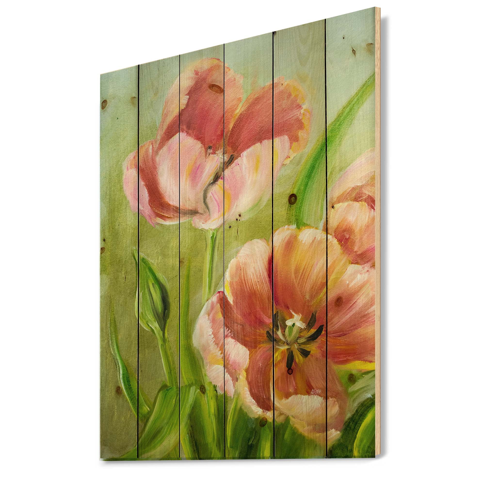 Designart 'Ancient Red Tulips Flowers III' Traditional Print on Natural Pine Wood