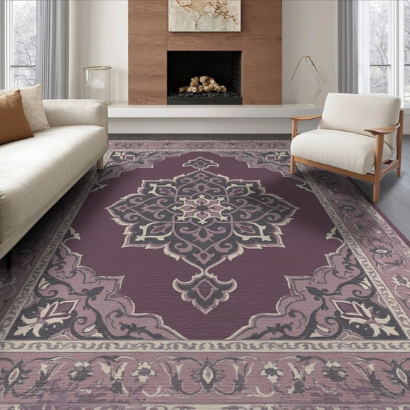 ODIKA 8'x10' Washable Area Rug Distressed Scroll Border Pink Mauve Boho Purple Vintage Plum Playful Expressive for Living Room, Under Sectional, Family , Durable, Non-Slip