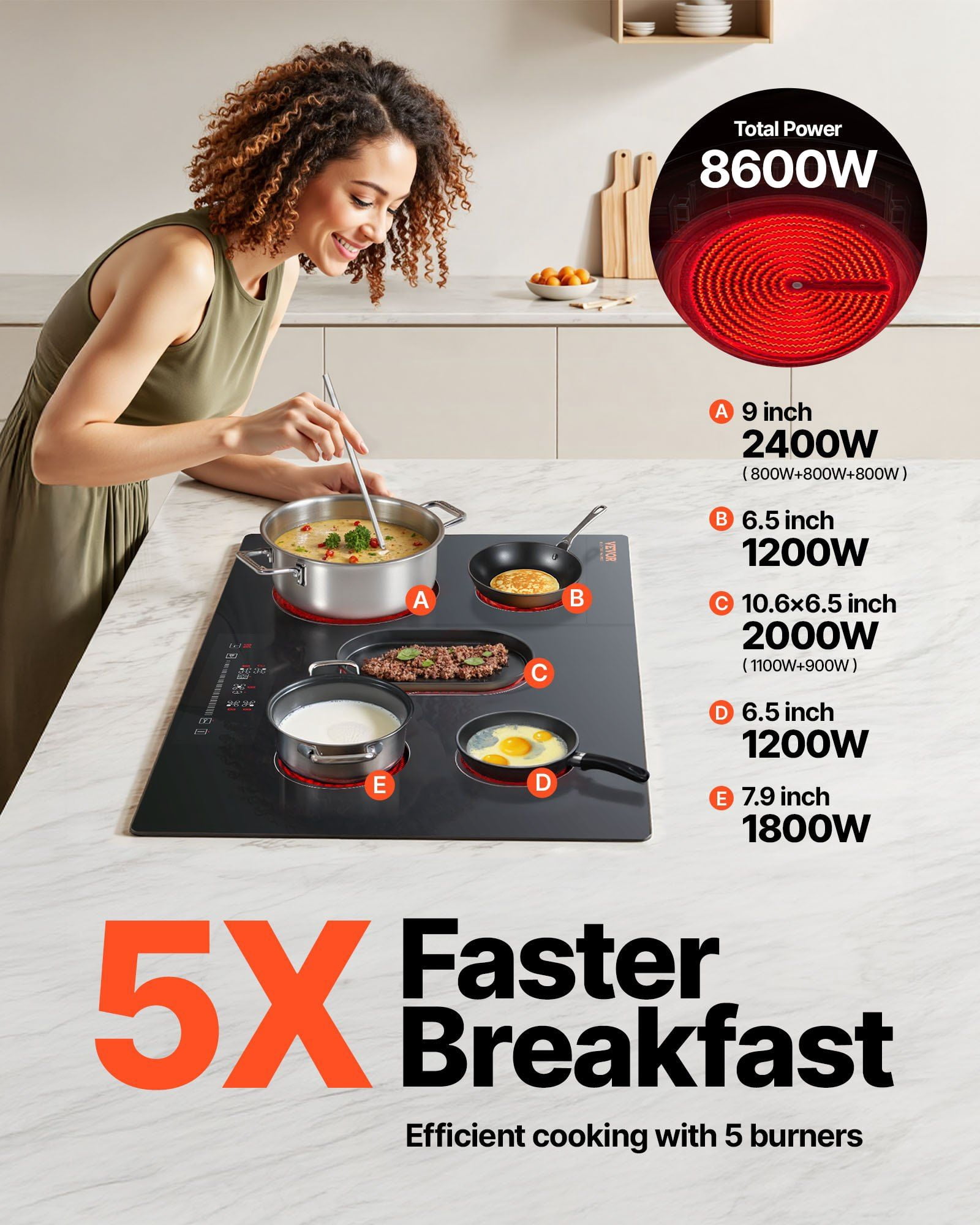 Built in Electric Stove Top 30.3 x 20.5 Inch 5 Burners 240V Glass Radiant Cooktop with Sensor Touch Control Timer Child Lock 9 Power Levels for Simmer Steam Slow Cook Fry