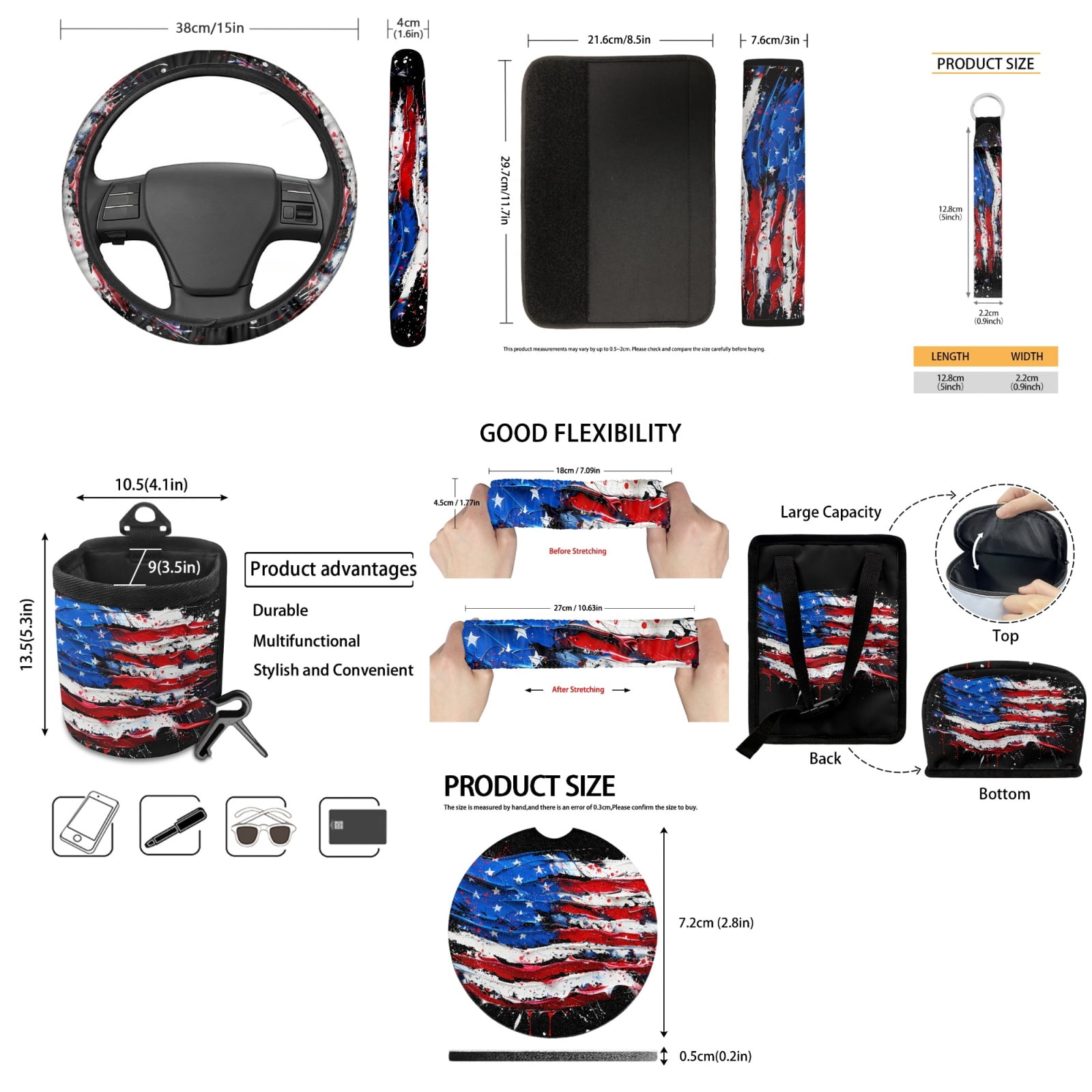 Yuyamidu 15 Piece American Flag Car Seat Covers Full Set with Auto Steering Wheel Cover Seat Belt Strap Protector Cup Holder Trash Bag Air Vent Storage Pocket Rearview Protector Wristlet Keychain