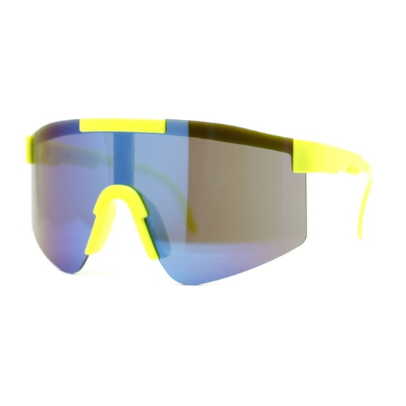 Boys Kids Rimless Color Mirror Neon Wrap Curved Sport Sunglasses Yellow - Blue Mirror