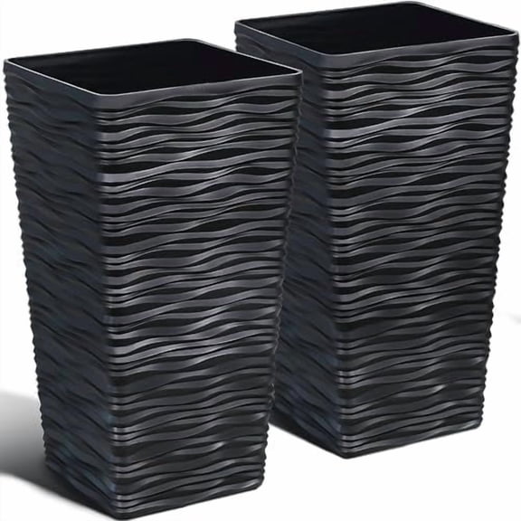 Garden 2-Pack Black Tall Planter - Plastic Square Tapered Tree Plant Pots for Indoor Outdoor - 22" H - Modern Wavy Finish Decorative Flower Pots for Front Porch Containers Patio Deck