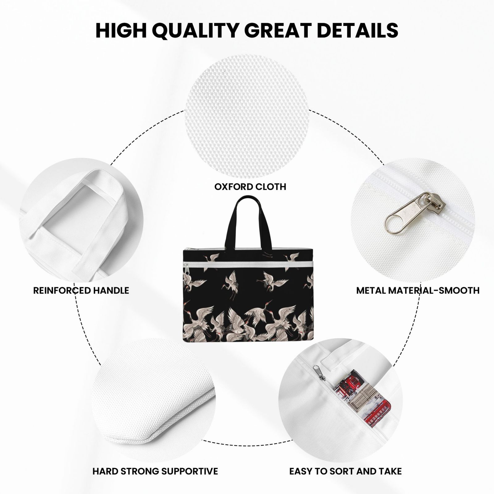 Kdxio Japanese White Crane File Tote Document Bag Business Briefcase Bag Document Organizer Tote Briefcase for Letter A4 Files Business Teacher Office Bag