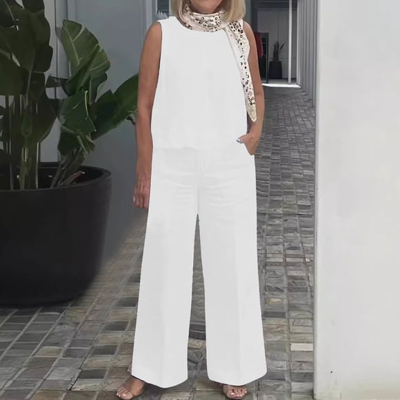 VKOYWKM Lounge Sets for Women Lightweight Cotton Linen 2 Piece Outfits Crew Neck Sleeveless Tank Tops and Wide Leg Pants Sets with Pockets
