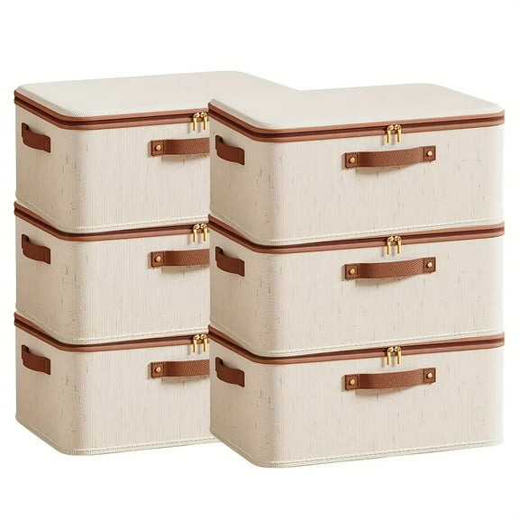6-Piece Fabric Storage Boxes - Beige Flip-Top Organizer Bins for Closet and Under-Bed