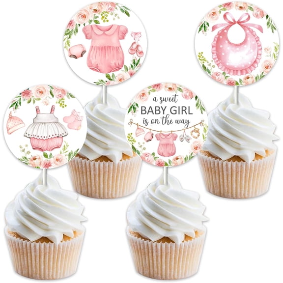 36pcs Pink Baby Clothes Cupcake Toppers for Girl, Baby Girl Cupcake Toppers, Baby Clothes Shower Decorations, a Sweet Baby Girl Is On The Way Decorations