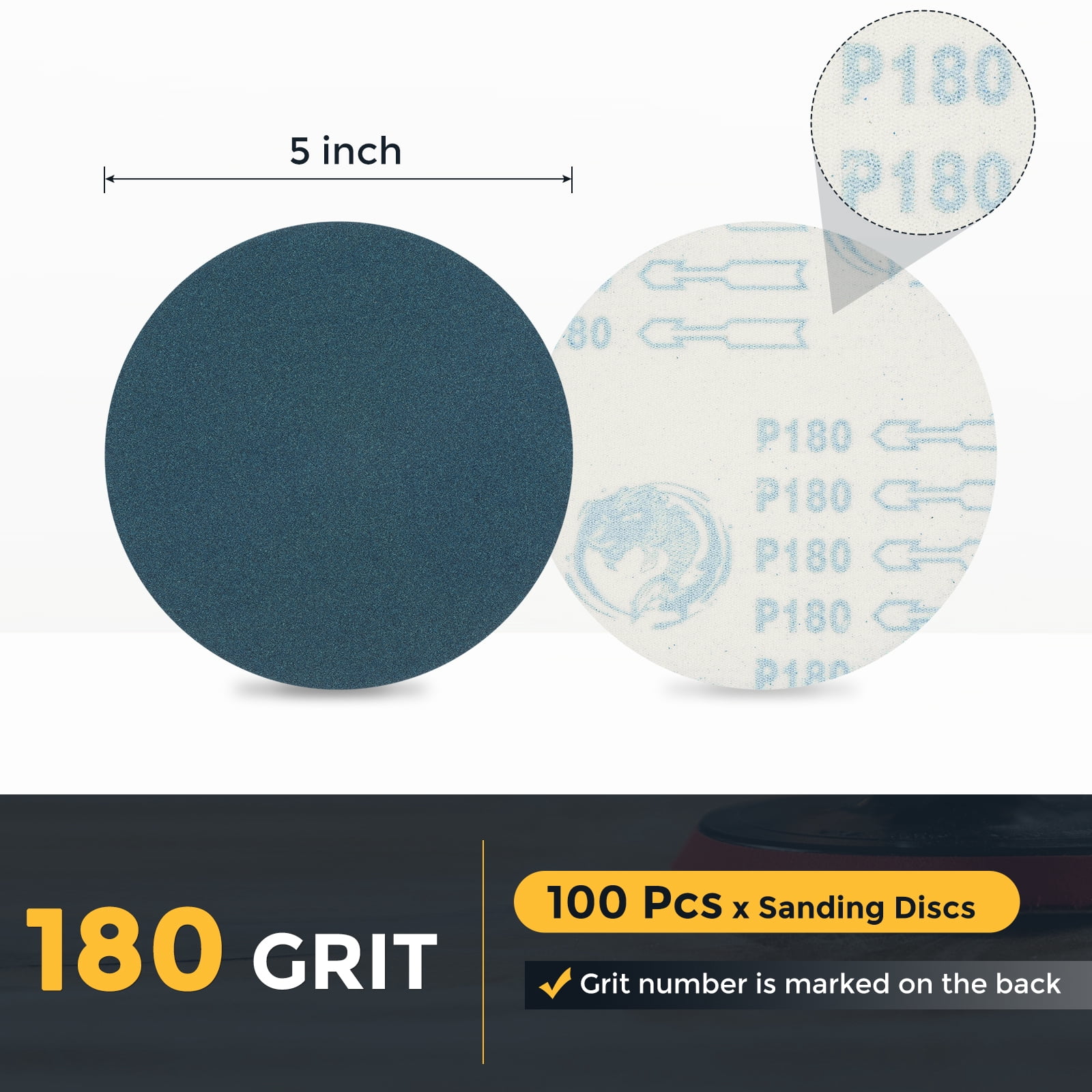 100 Pcs 5 Inch Sanding Disc 180 Grit Hook and Loop Sandpaper Random Orbital Sander Pads for Woodworking, Metal, Stone Grinding and Polishing, Blue