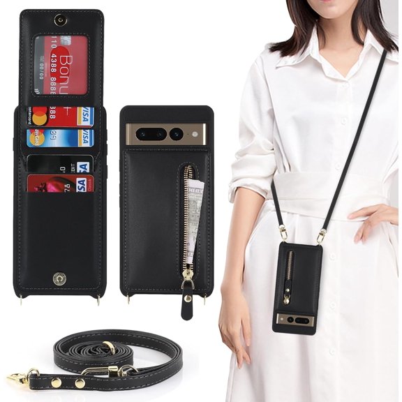 for Google Pixel 7 pro Case with Card Holder for Women,Pixel 7 pro Phone Case Wallet with Strap Credit Card Slots Crossbody with Kickstand Zipper Case for Pixel7pro - Black