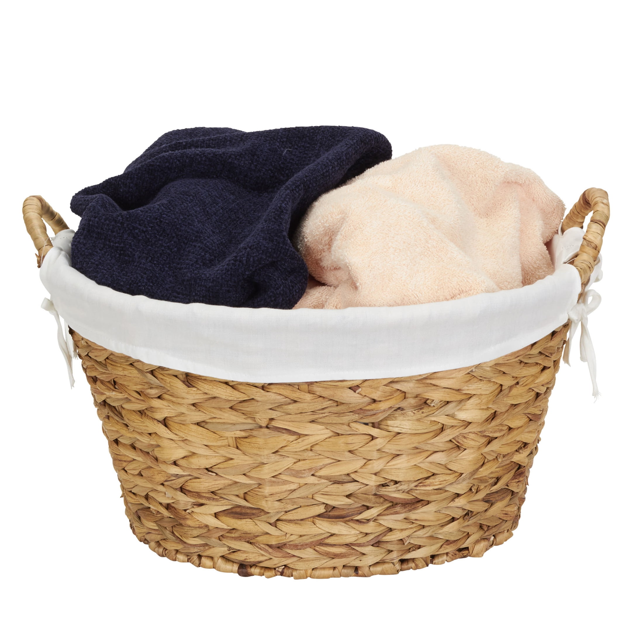 Household Essentials Round Wicker Laundry Basket with Handles, Whimsical Water Hyacinth Basket, Supportive Metal Frame, Removable Polyester Liner, Handwoven, Well-Structured and Versatile, Natural