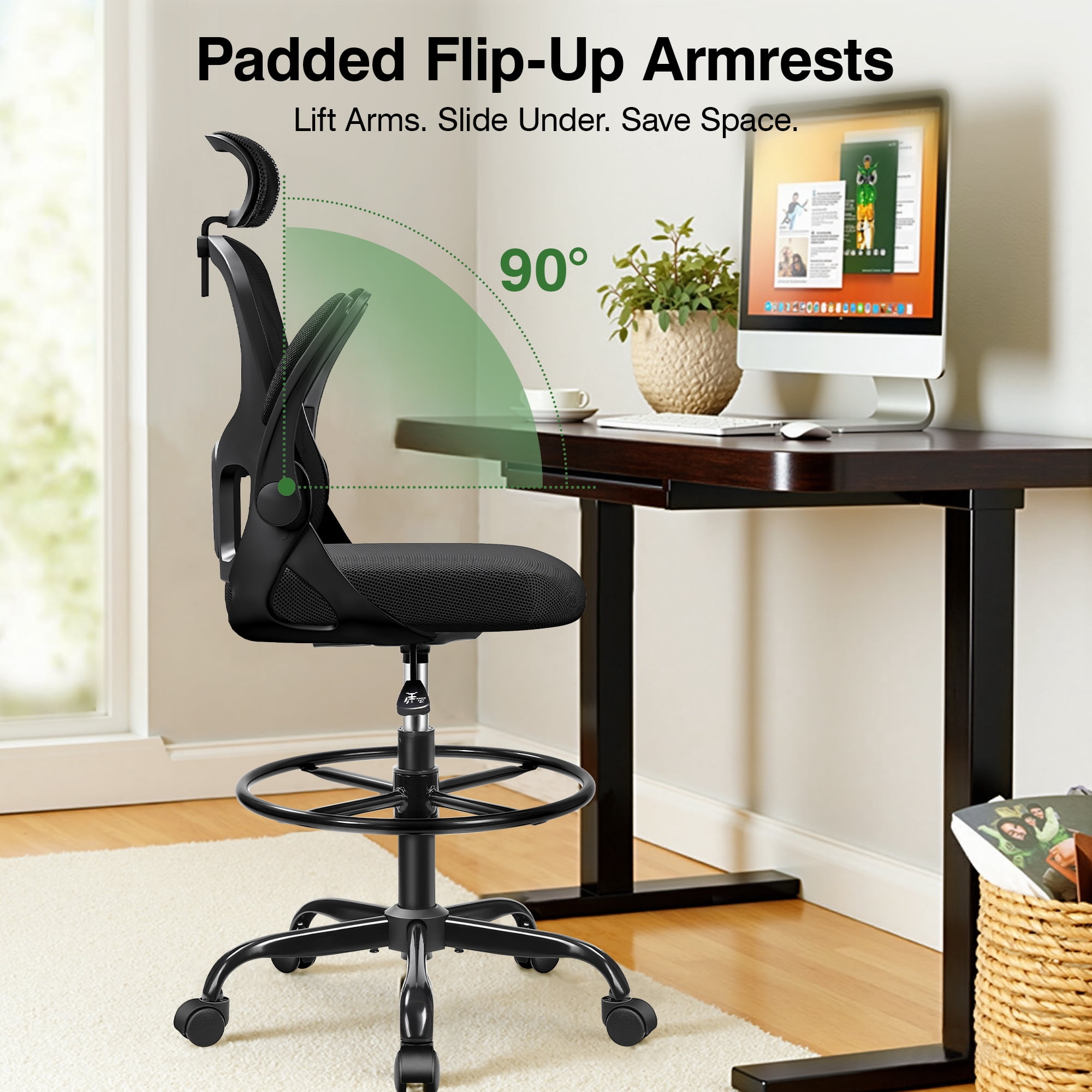 ATHOPE Office Chair Ergonomic Desk Chairs, Mesh Computer Chair with Headrest and Flip-up Arms, Adjustable Home Office Desk Chair with Lumbar Support Footrest Ring for Standing Desk, Black