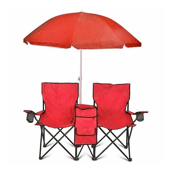 GoTeam Double Folding Camping Chair Set with Shade Umbrella, Red