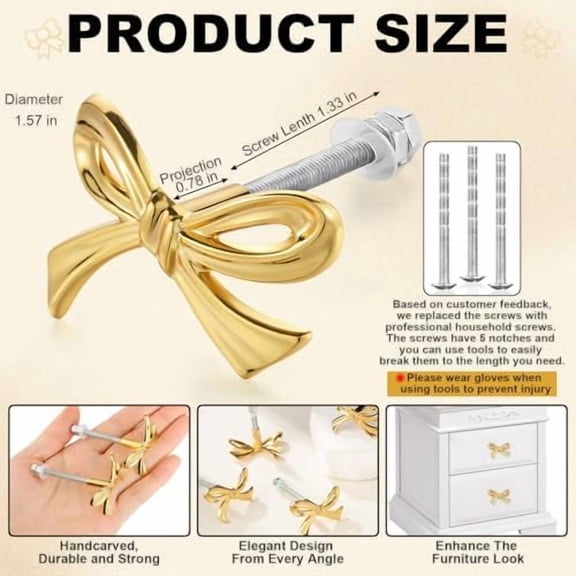 Gold Bow Drawer Knobs Brass Bow Knobs for Dresser Decorative Brass Drawer Pulls Vintage Cabinet Handles for Home Bedroom Kitchen Cabinets Hardware Cupboard(Small Size,8 Pcs)