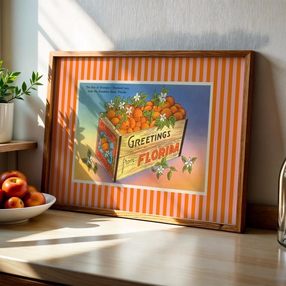 Florida Oranges Print Vintage Orange Pink Striped Fl Wall Decor Girly Horizontal Sunshine State Print Retro Trendy Artwork Home Decor #513, Unframed Poster Size 8x12