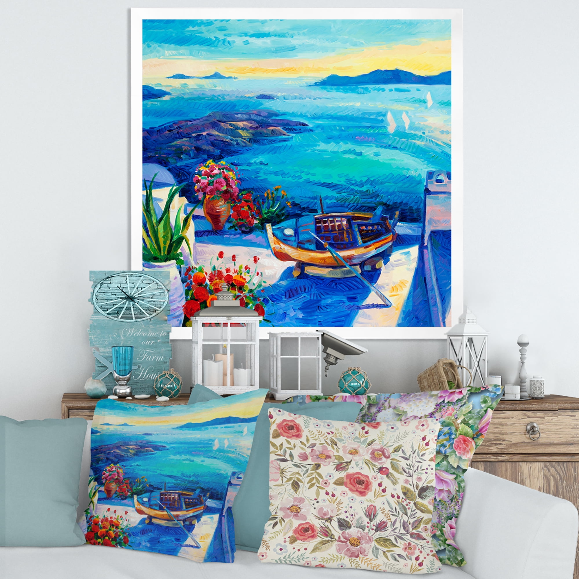 Designart 'Little Red Flowers With Sea View' Nautical & Coastal Framed Art Print