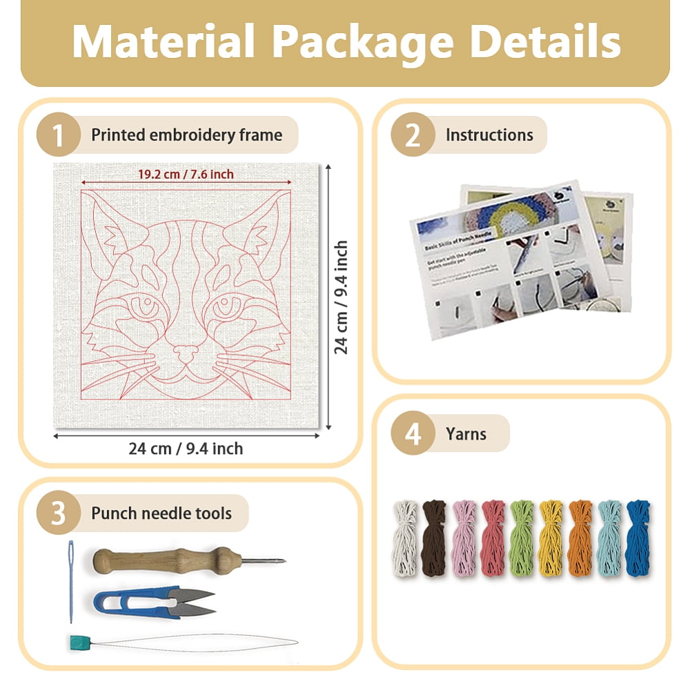 Polyester Cotton Punch Needle 4Folded Yarns Embroidery Kits Included Threader Cotton Thread Punch Needle Thread Clip 3.5MM Wooden Needle Cat Shape DIY