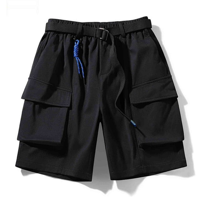 Man Solid-Color Loose Casual Large-Pocket Functional Waist Belt Work Pants Shorts Half Shorts Pants