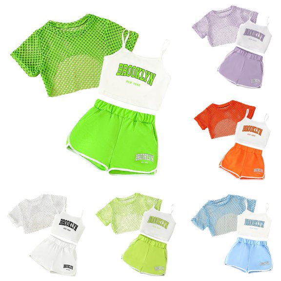 FYDUU Girls Summer Outfits 3 Piece Set Casual Letter Print Cami Top Short Sleeve Mesh Tee and Shorts Set Fashion Kids Clothing Sets 9-10 Years