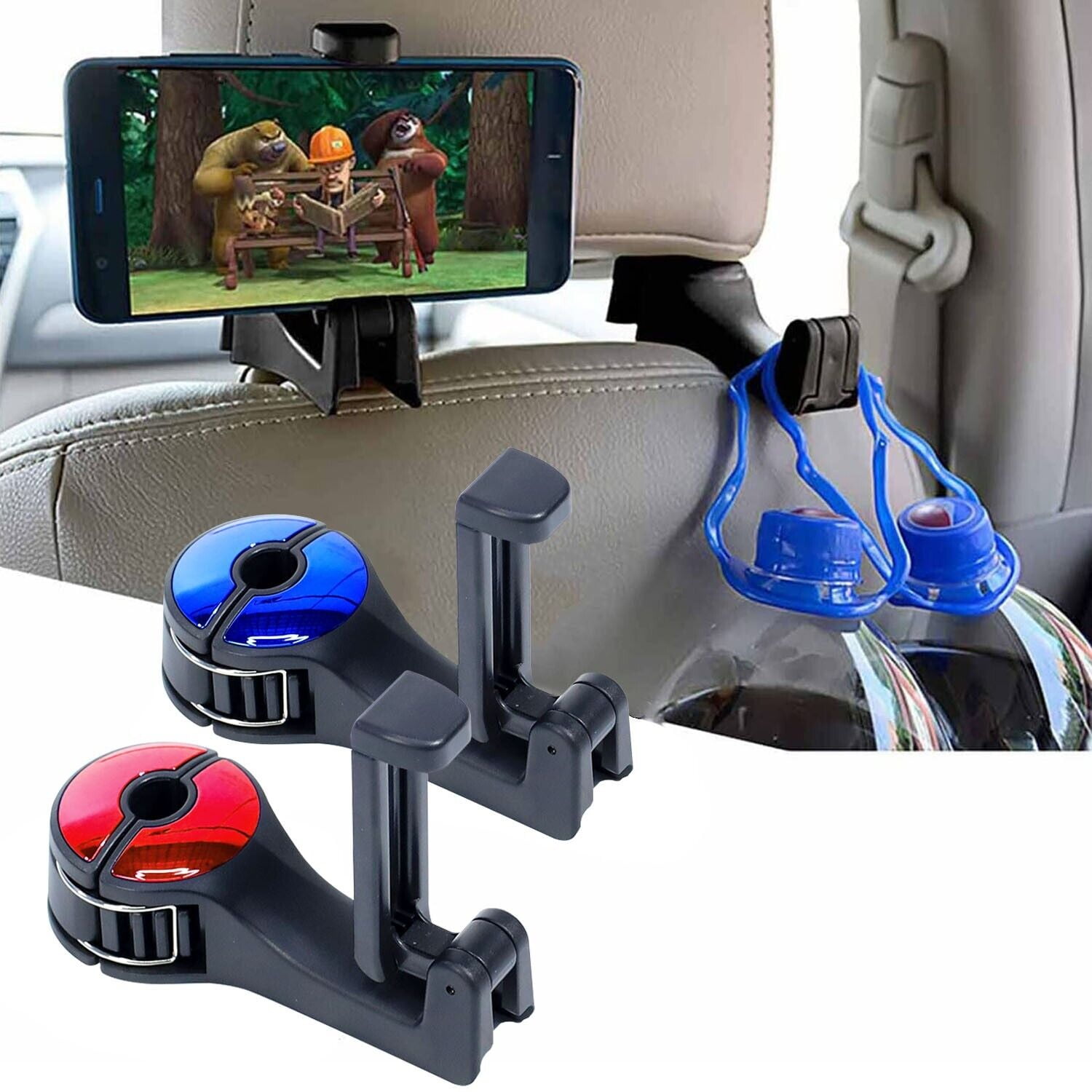 Takfox 2 Pack Car Headrest Hidden Hook with Phone Holder, 2 in 1 Car Seat Hooks for Purses and Bags, Universal 360° Rotation Headrest Hooks Purse Holder for Car, Car Purse Hook Holder - Black + Red