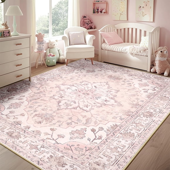 RELEANY Area Rug 5x7 Washable Rugs for Living Room, Non-Slip Floral Vintage Distress Print Pattern Medallion Carpet for Bedrooms