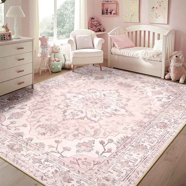 RELEANY Area Rug 5x7 Washable Rugs for Living Room, Non-Slip Floral Vintage Distress Print Pattern Medallion Carpet for Bedrooms