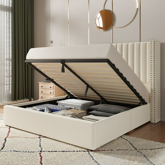 Merluxy Queen Bed Frame Lift Up Storage Bed, Velvet Queen Upholstered Bed Frame Channel Tufted Wingback Headborad/No Box Spring Needed/Cream