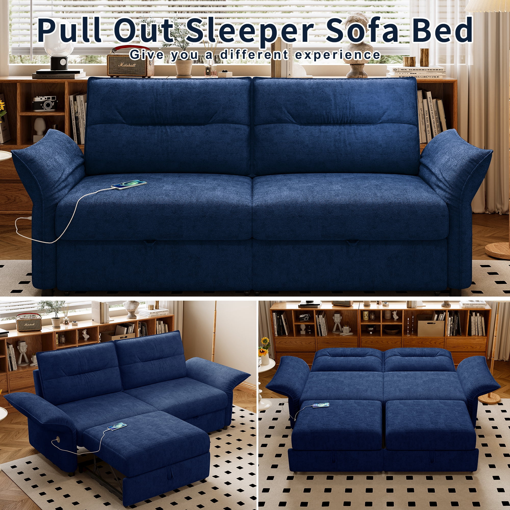 Leumius 85" Convertible Sofa Bed with Wood Frame,2-in-1 Upholstered Sleeper Sofa Bed with Pull Out Bed for Living Room,Apartment,600 lbs Capacity,Blue