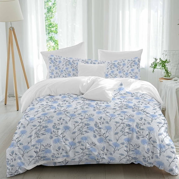Spring Blue Flowers Full Size Comforter Set, Retro Chrysanthemums Floral Botanical Bedding for All Seasons, 4 Pcs Bed Set, 1Quiltcover (86"x86") ,1Sheet(80"x116"), 2Pillowcases (30"x20")