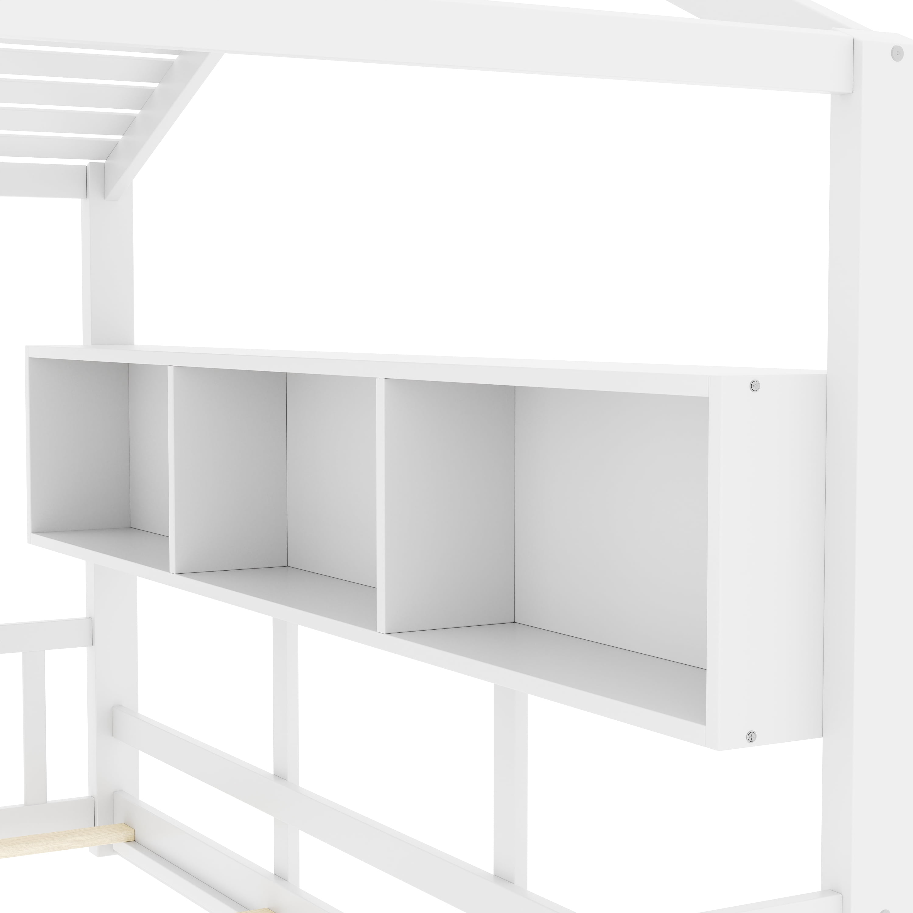 Euroco Wood Full Size House Bed with Cabinets, Floor Bed with Roof Design and Storage Shelves, White