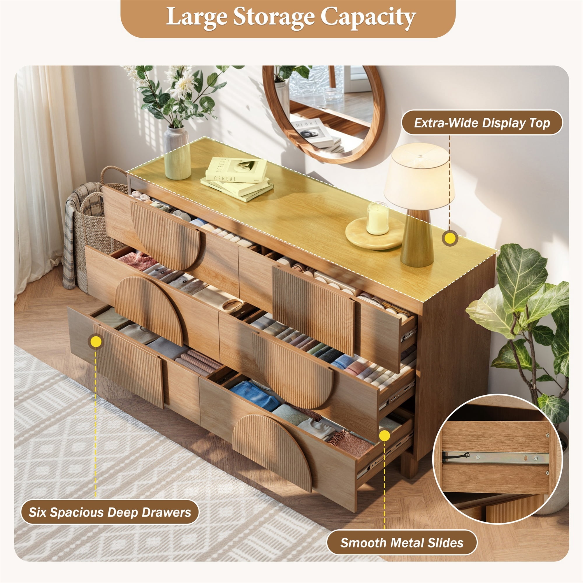 Alvantor 6 Drawer Dresser, 60" Wide Wooden Chest of Drawers, Fluted Dresser for Bedroom,Living Room, Hallway Natural